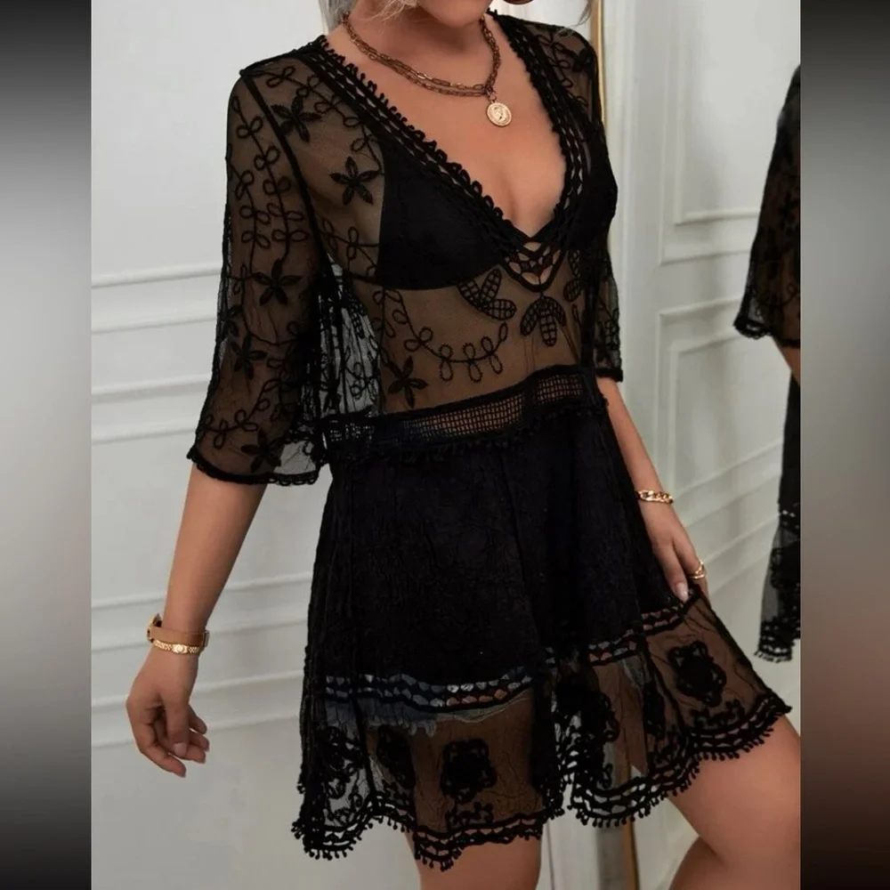 Boho floral embroidered beach cover up